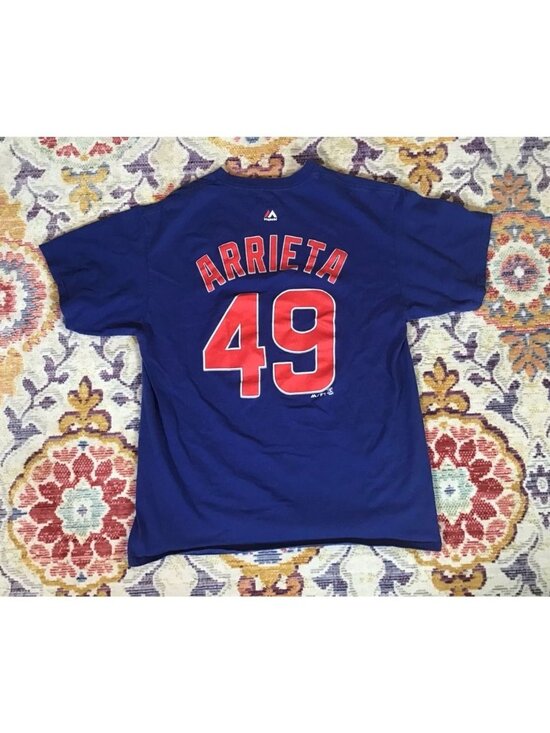 Majestic Tops - Jake Arrieta Chicago Cubs Majestic Women Lg T-Shirt Shirt Red Blue Crew Sewn Log